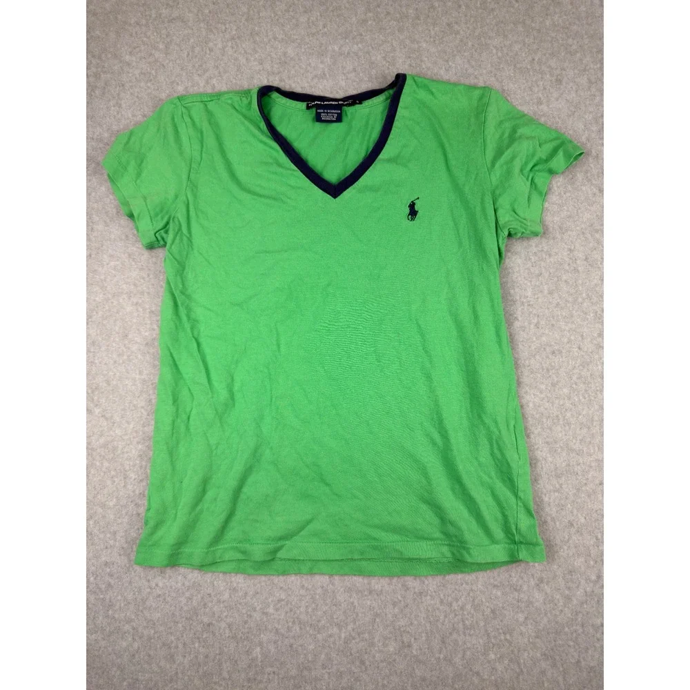 Ralph Lauren Sport Womens Y2K Green V-Neck T-Shirt Navy Pony Preppy Size S